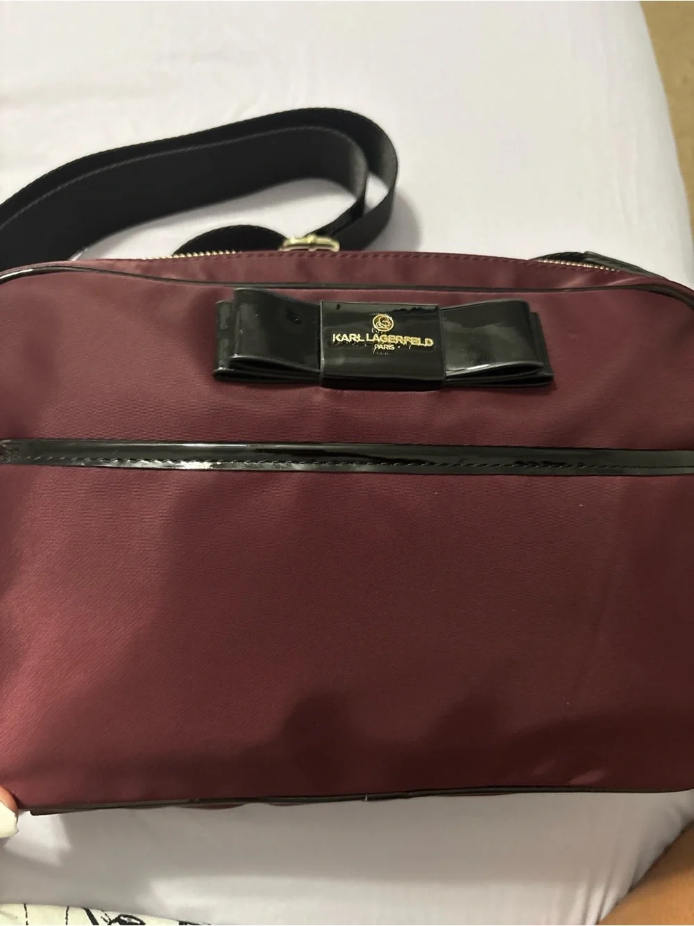 Karl Lagerfeld Burgundy Crossbody with Black Patent Bow - Picture 1 of 4